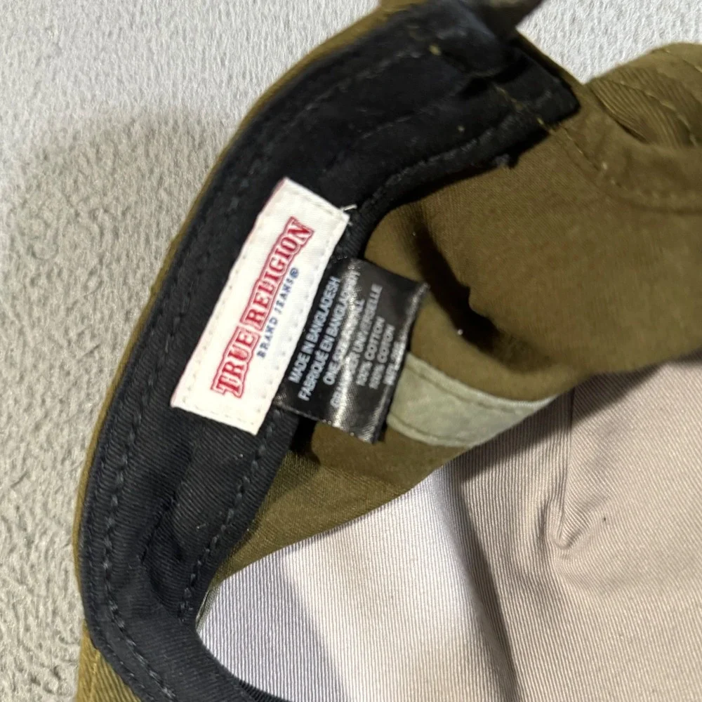 True Religion Cap Hat Green Embroidered Logo Adjustable Strap Waxed Leather Look
